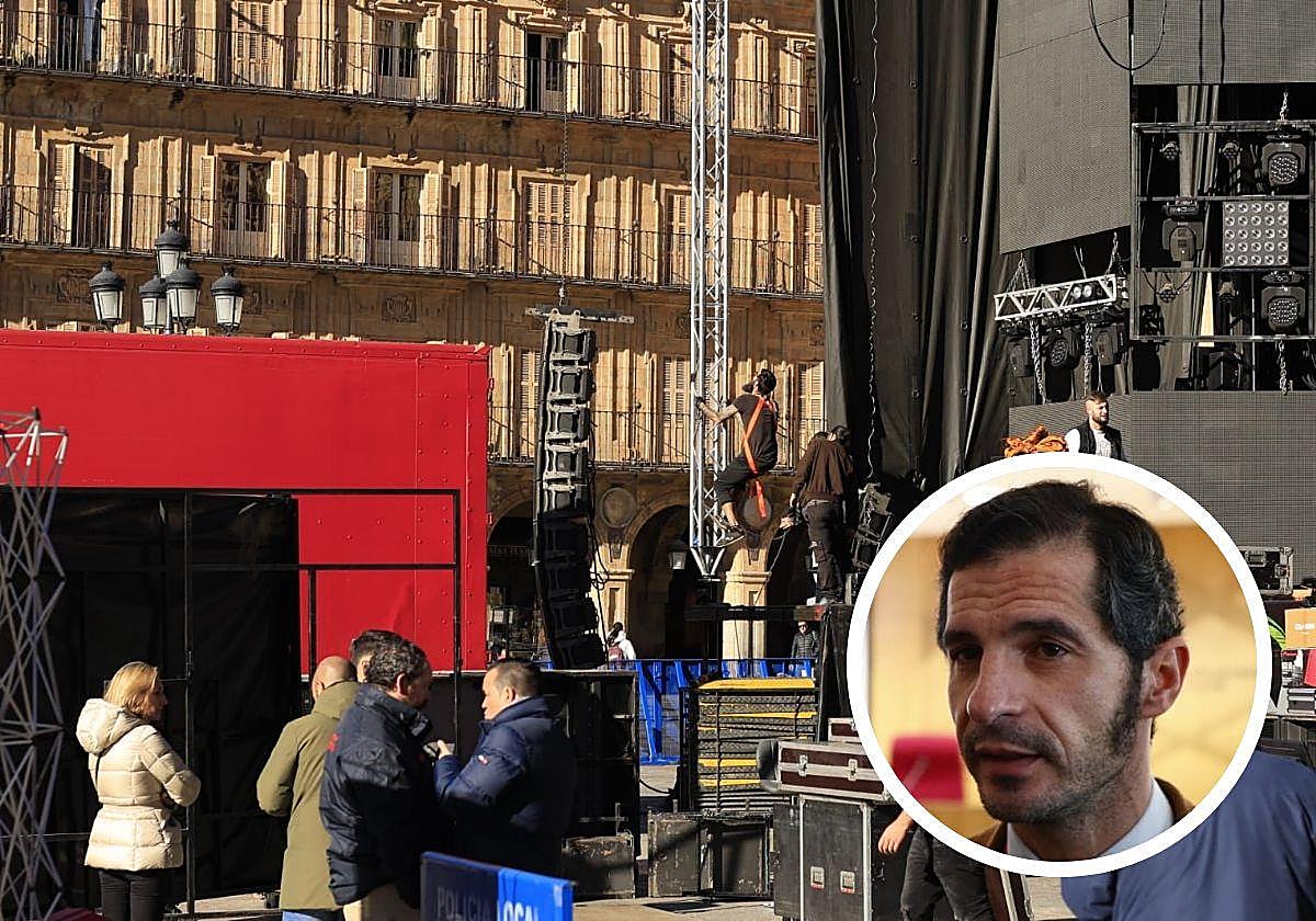 Imagen del montaje del escenario, y en el círculo, Emilio Checa, uno de los estudiantes que celebró la primera Noche Vieja Universitaria en 1999.