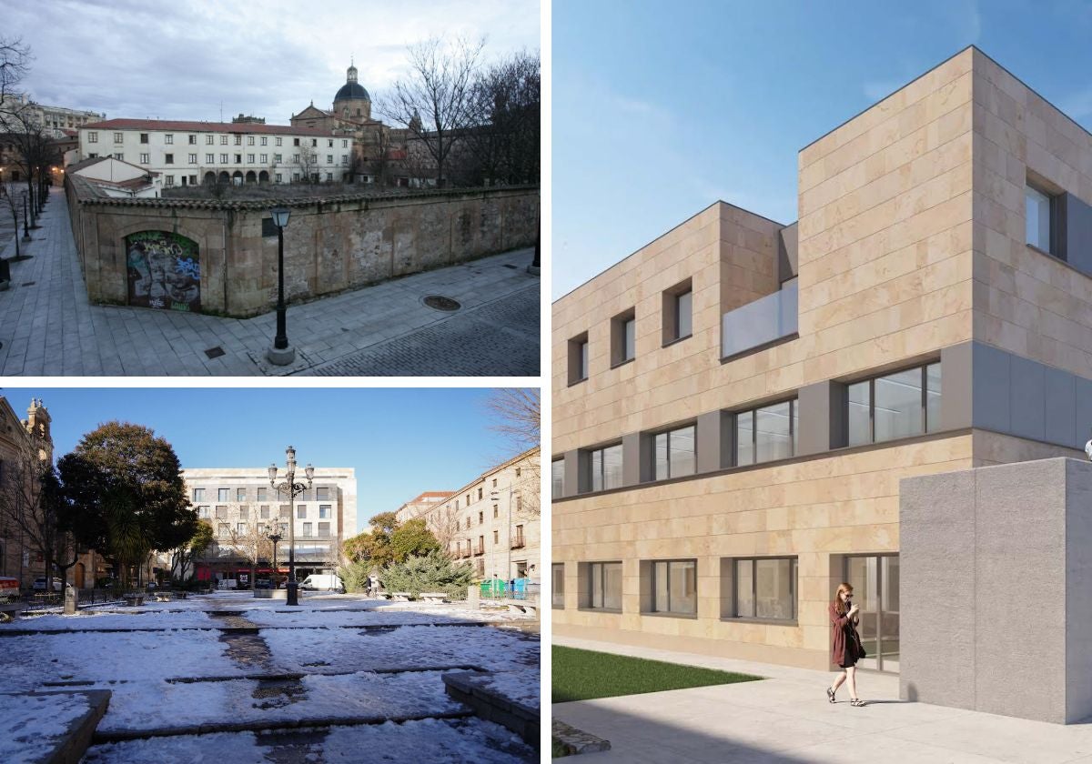 Diseño del nuevo aulario de Geografía e Historia, el solar de Adoratrices y la plaza de Los Bandos.