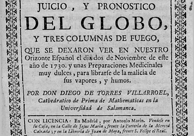 Portada del libro: «Juicio, i pronostico del Globo i tres columnas de fuego que se dejaron ver en nuestro horizonte Español».