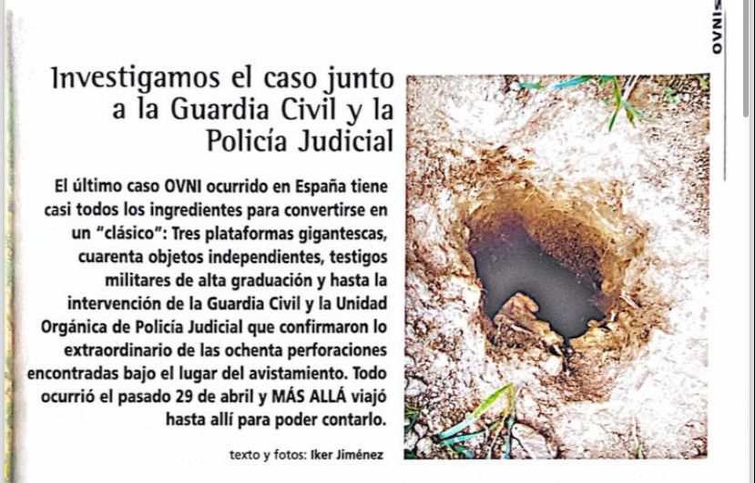 Imagen principal - Recorte del reportaje «Los OVNI dejaron 80 huellas» de Iker Jiménez para la revista «Más Allá».