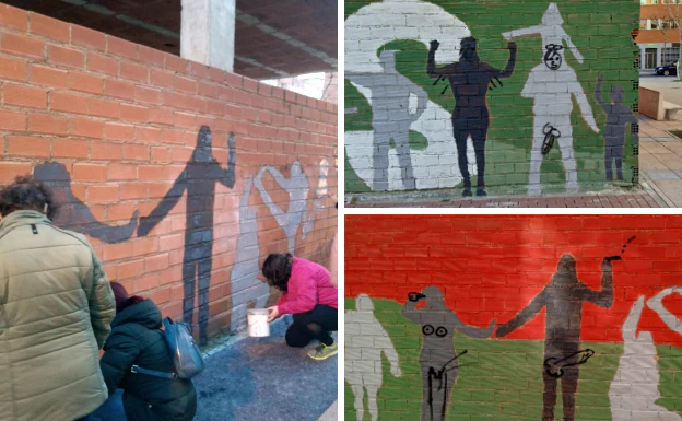 Imagen de los vecinos pintando el mural, y de las figuras que han sido atacadas. 