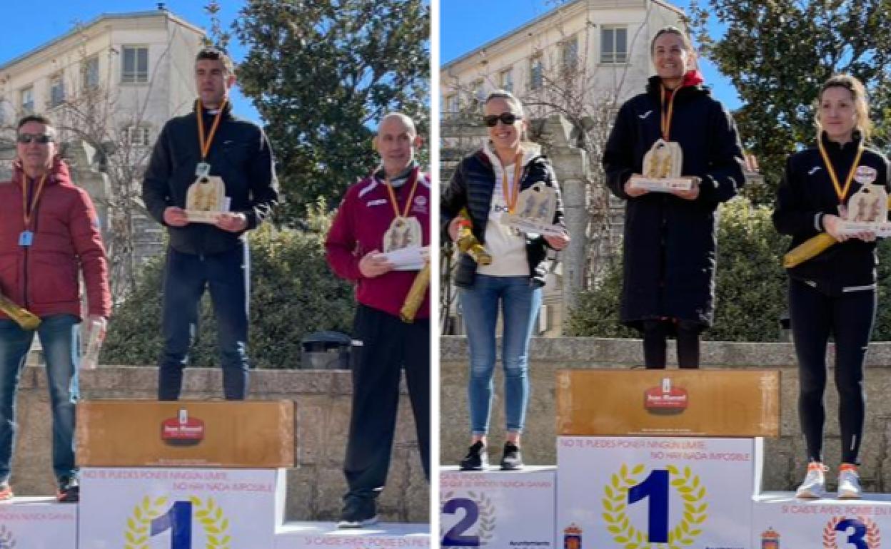 Podios masculino y femenino de la media maratón de Guijuelo. 