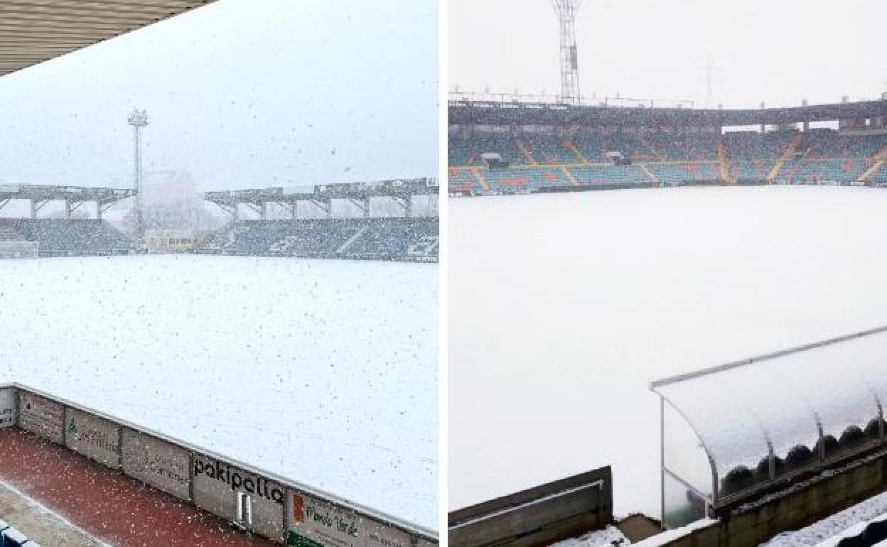 El estadio Reina Sofía y el Helmántico cubiertos de nieve tras la nevada caída en Salamanca.