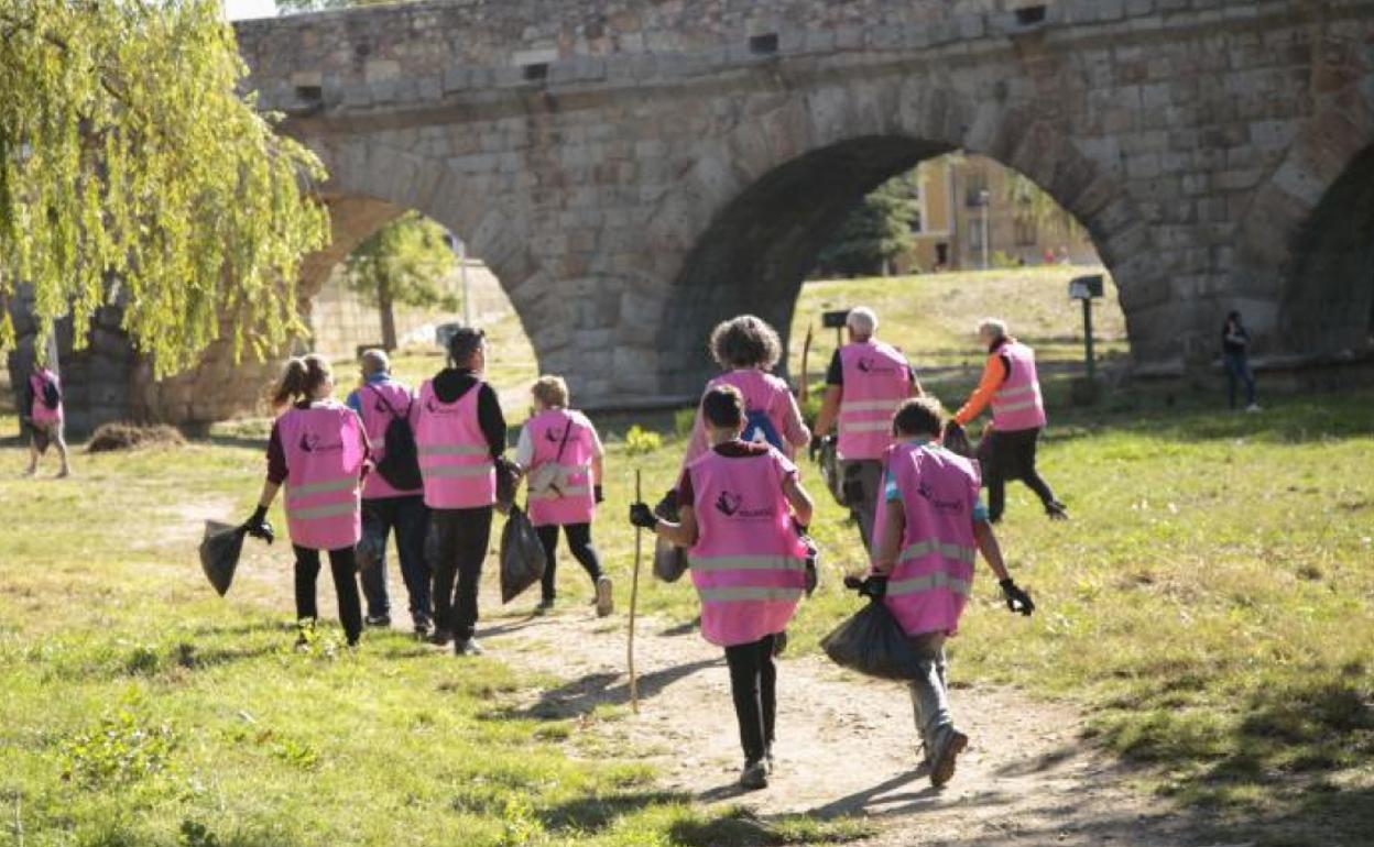Voluntarios en una actividad medioambiental, junto al Puente Romano de Salamanca.