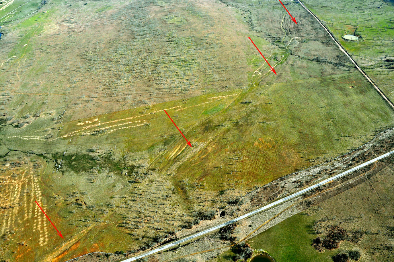 Vista aérea de la vía romana entre Sentice y Calzadilla de Mendigos. 