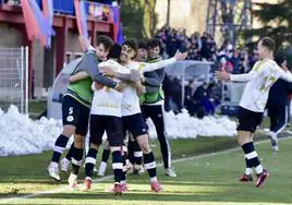 Los jugadores del Salamanca UDS celebran el 0-2 de Álex Caramelo ante el Ávila.