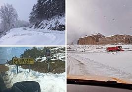 La carretera, sepultada por la nieve, cortada y la quitanieves que la ha despejado.