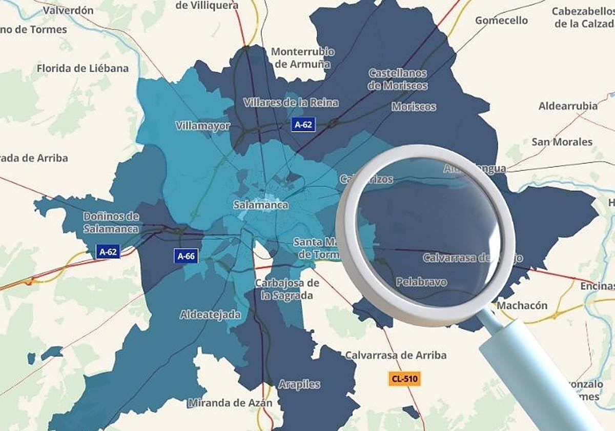 Mapa con la distribución de precios de los alquileres en la zona de la capital y su alfoz.