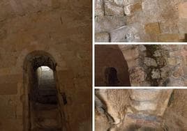 Acceso a la cripta, eflorescencias, humedades y desgaste de las piedras.