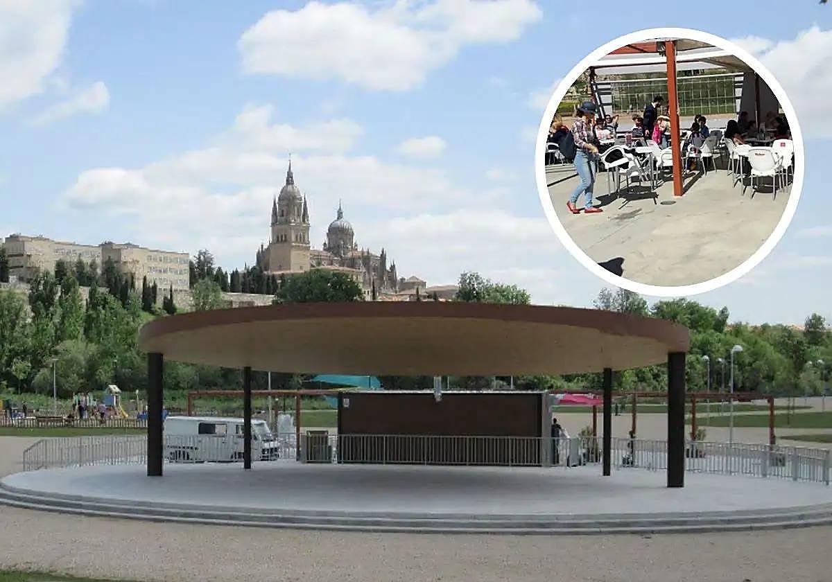 El escenario y la cafetería del parque Elio Antonio de Nebrija.