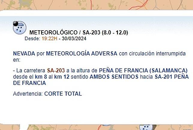 Aviso de la DGT para la sabido a la Peña de Francia.