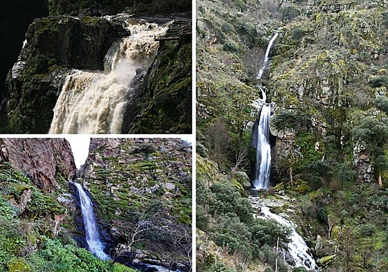 Arriba izquierda el Pozo de los Humos, abajo la cascada de El Remolino y a la derecha Pozo Airón.