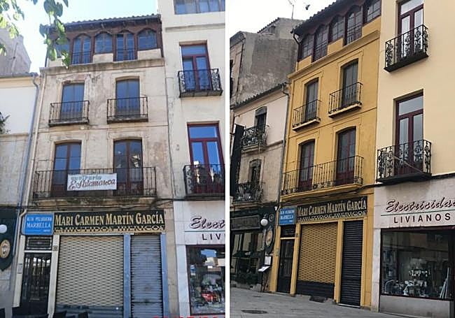 La fachada en su estado original y con el color del que se ha pintado.