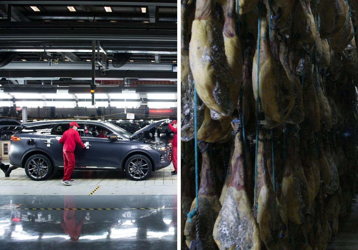 Línea de montaje de coches en China y secadero de jamones en Guijuelo.