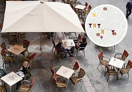 Una terraza de Salamanca. En el círculo, un localizador de establecimientos.