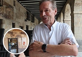 Santiago, dueño de la Panadería Soportales; en el círculo, la entrada al local,