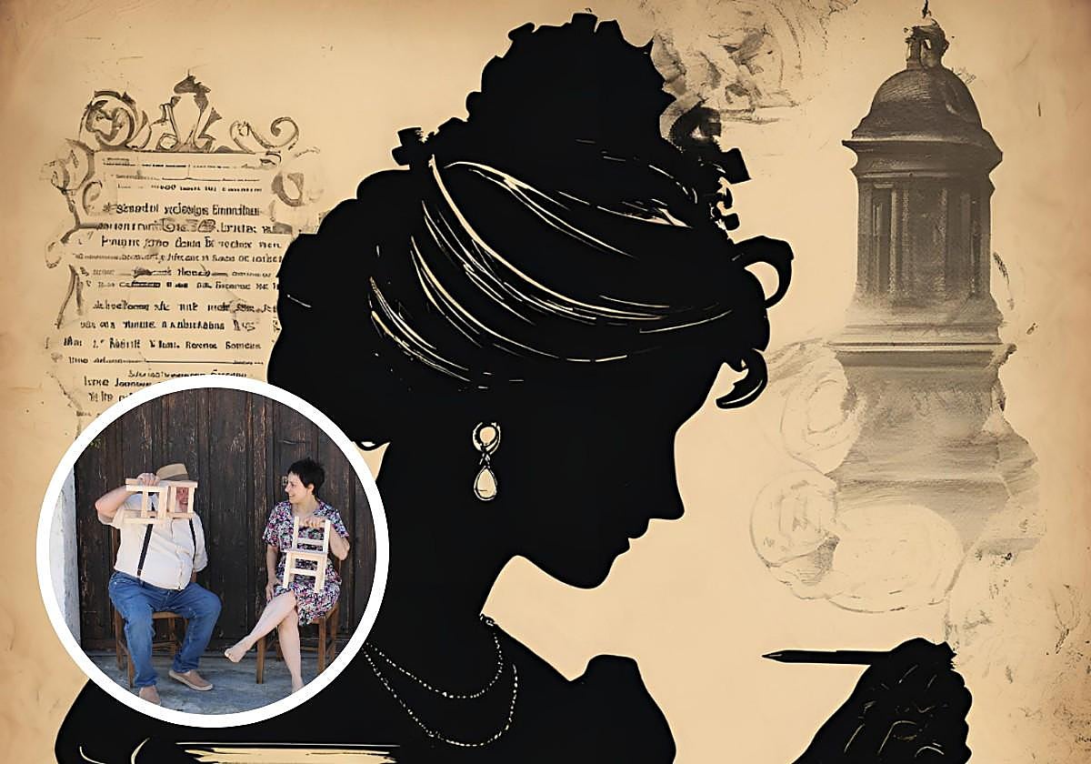 Cartel de la obra 'La incógnita de Cherner'; en el círculo, interpretación de la obra 'Cuando los animales hablaban la misma lengua'