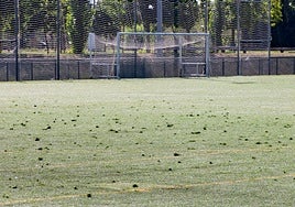 Campo de fútbol de La Aldehuela con el césped artificial levantado.