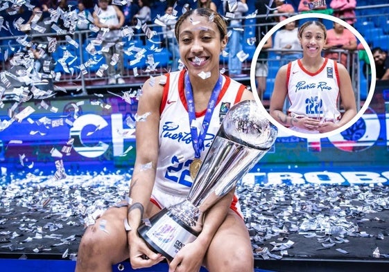 Arella Guirantes, con el trofeo de campeona del Centrobasket y, a la derecha, con el MVP del torneo.