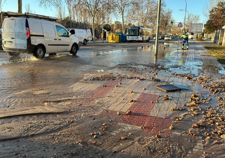 Aspecto que ha dejado el reventón de una tubería en la Avenida de San Agustín.