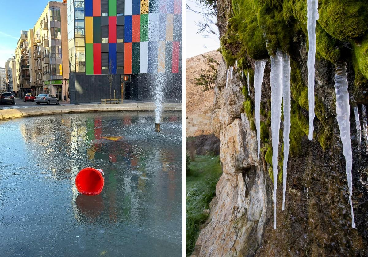 La fuente helada de la Plaza del Oeste y carámbanos en Ciudad Rodrigo este miércoles 15 de enero por el intenso frío.