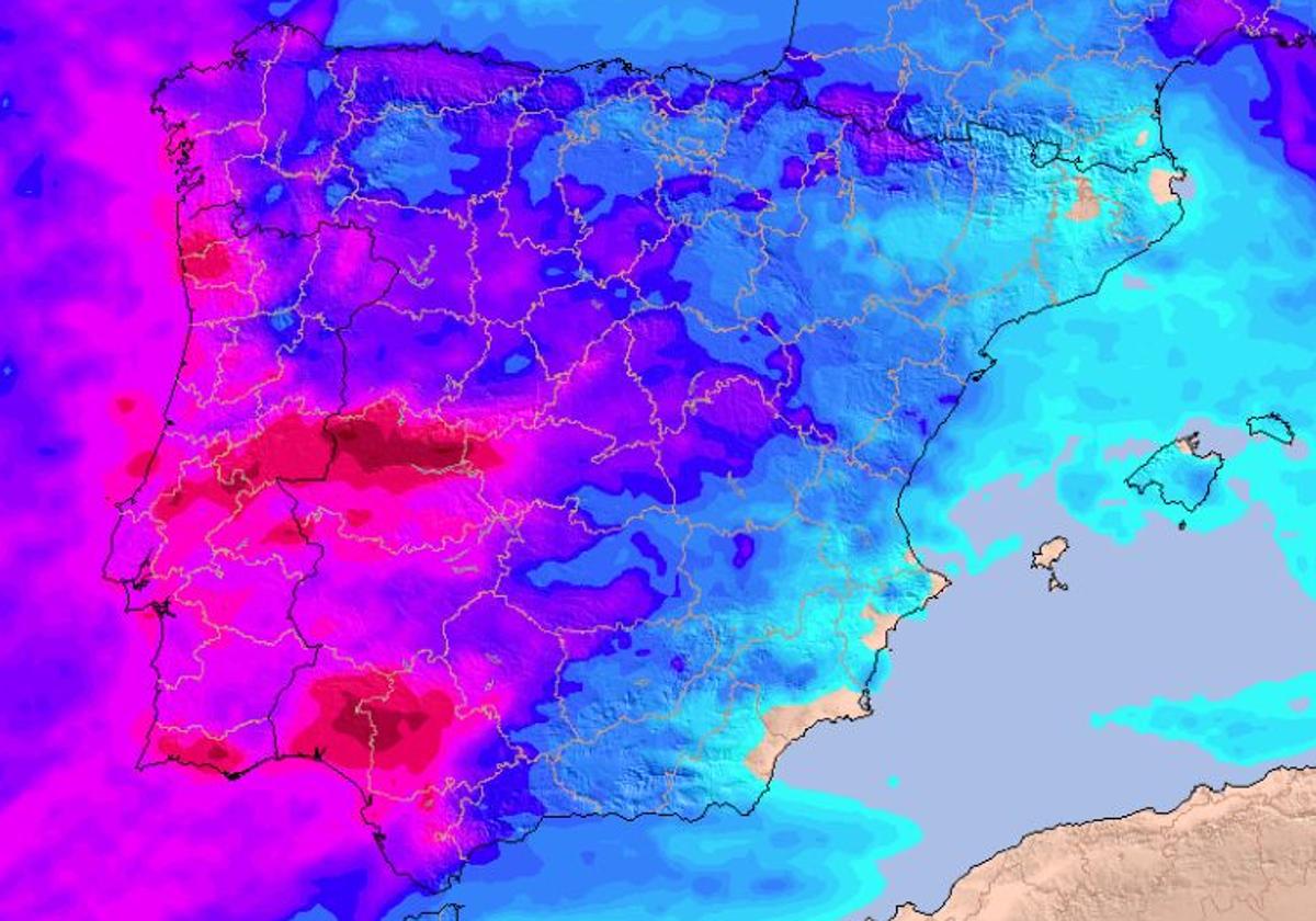 Mapa de precipitación acumulada hasta el jueves que muestra la posibilidad de alcanzar los 200 litros por metro cuadrado en el sur de Salamanca