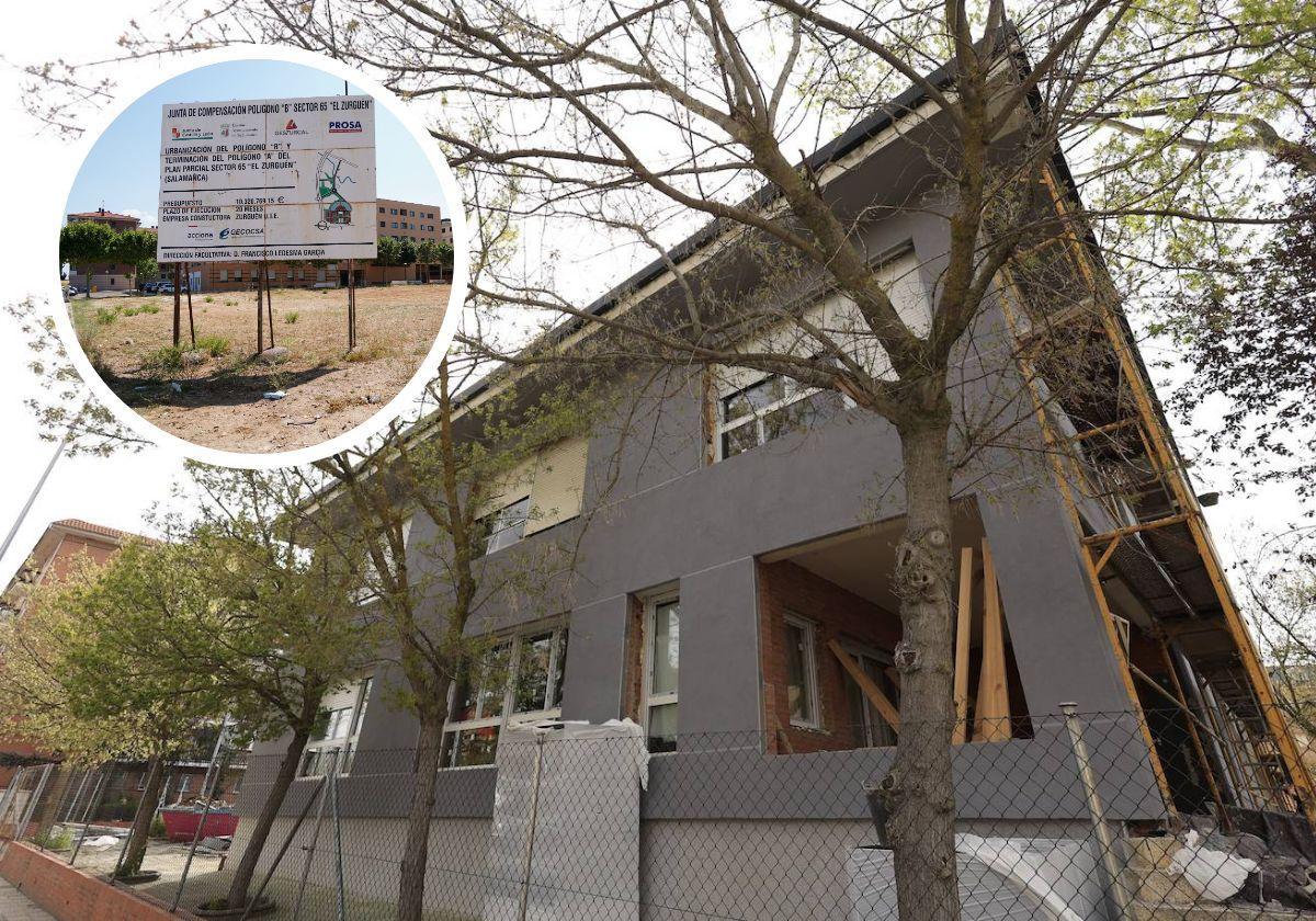 Imagen del centro de salud de San José en obras, y en el detalle, parcelan en la que estaba previsto construir el de EL Zurguén