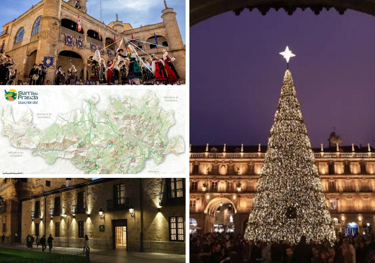 Ciudad Rodrigo, la Sierra de Francia y el Hotel Eunice y, a la derecha, la Plaza Mayor de Salamanca.