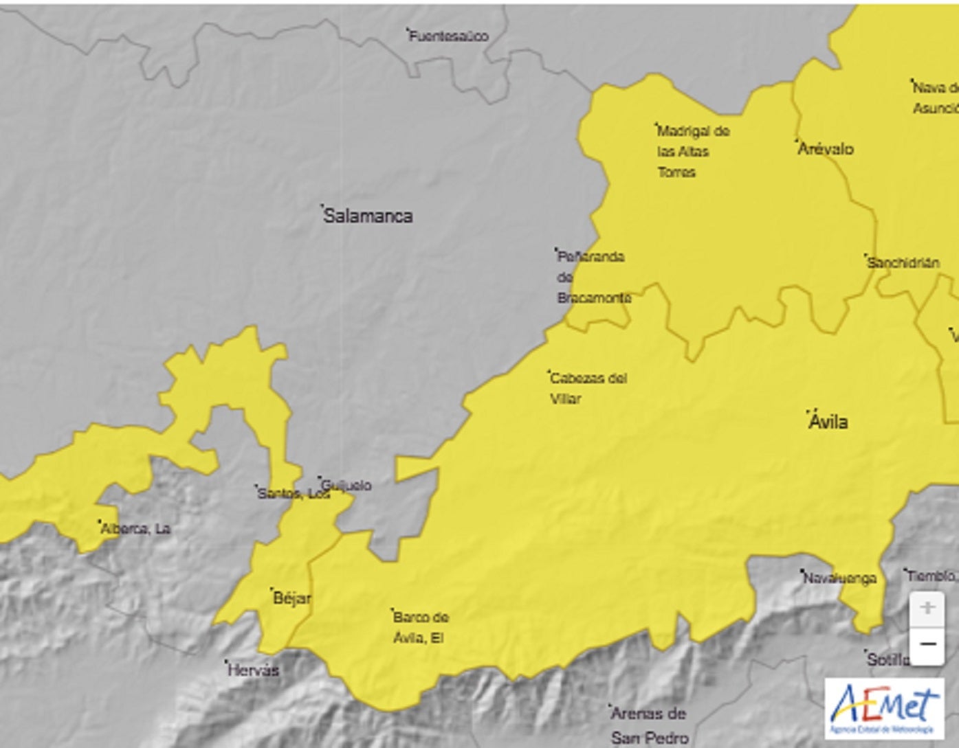 En amarillo, pueblos y localidades en los que se esperan hasta 10 centímetros de nieve este domingo.