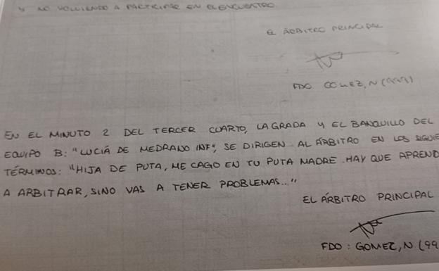 Acta del encuentro en el que se recogen los insultos.