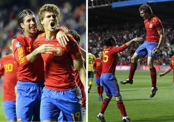 Sergio Ramos celebra un gol con España junto a Fernando Llorente en una visita posterior al estadio Helmántico con España.