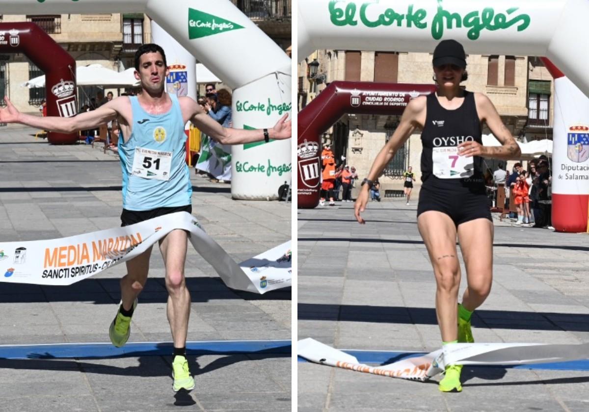 El luso Cristiano Daniel Ferreria y la salmantina Gema Martín Borgas, ganadores de la Media Maratón de Ciudad Rodrigo.