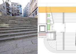 El tramo de escaleras y el diseño del elevador.