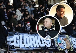 Fondo Sur del Salamanca UDS y, a la derecha, Manuel Lovato y Rafa Dueñas.