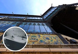 Fachada de la Casa Lis; en el círculo, la antigua bañera parisina en uno de los baños de la casa (créditos: Gombau)