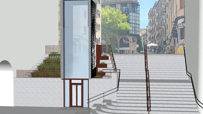 Imagem mais tarde - o buraco do elevador nas escadas de Salamanca que foram escavadas para se tornar acessível