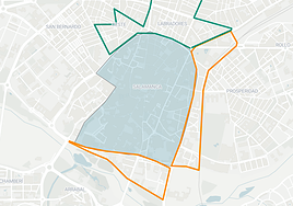 Mapa con las actuales zona azul y verde y la ampliación.