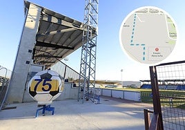 Acceso a las gradas del estadio Reina Sofía y a la derecha, el mapa del nuevo vial.