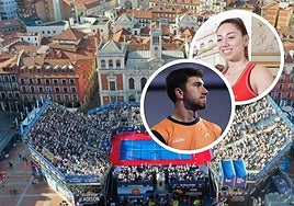 Pista central del Premier Pádel de Valladolid en la Plaza Mayor y, a la derecha, los hermanos Goenaga.