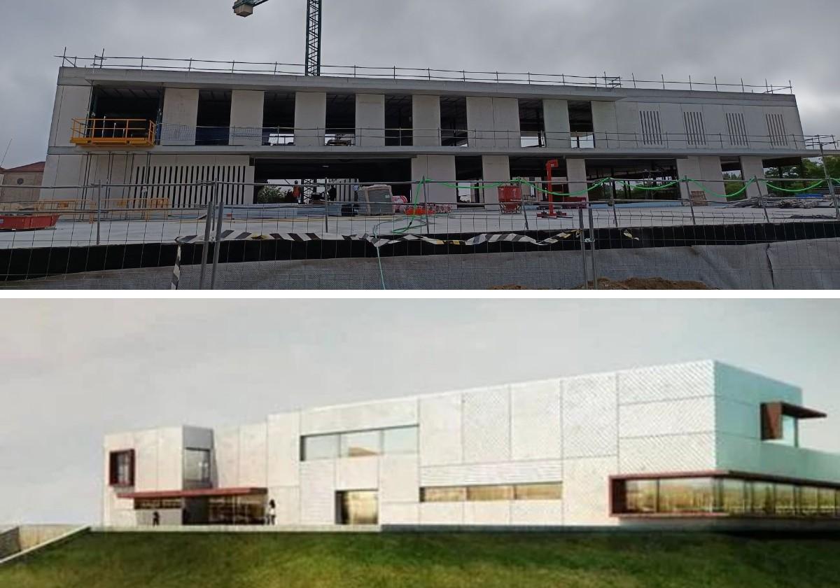 Aspecto actual del edificio, ya con su cerramiento ejecutado, y diseño previsto en el proyect.