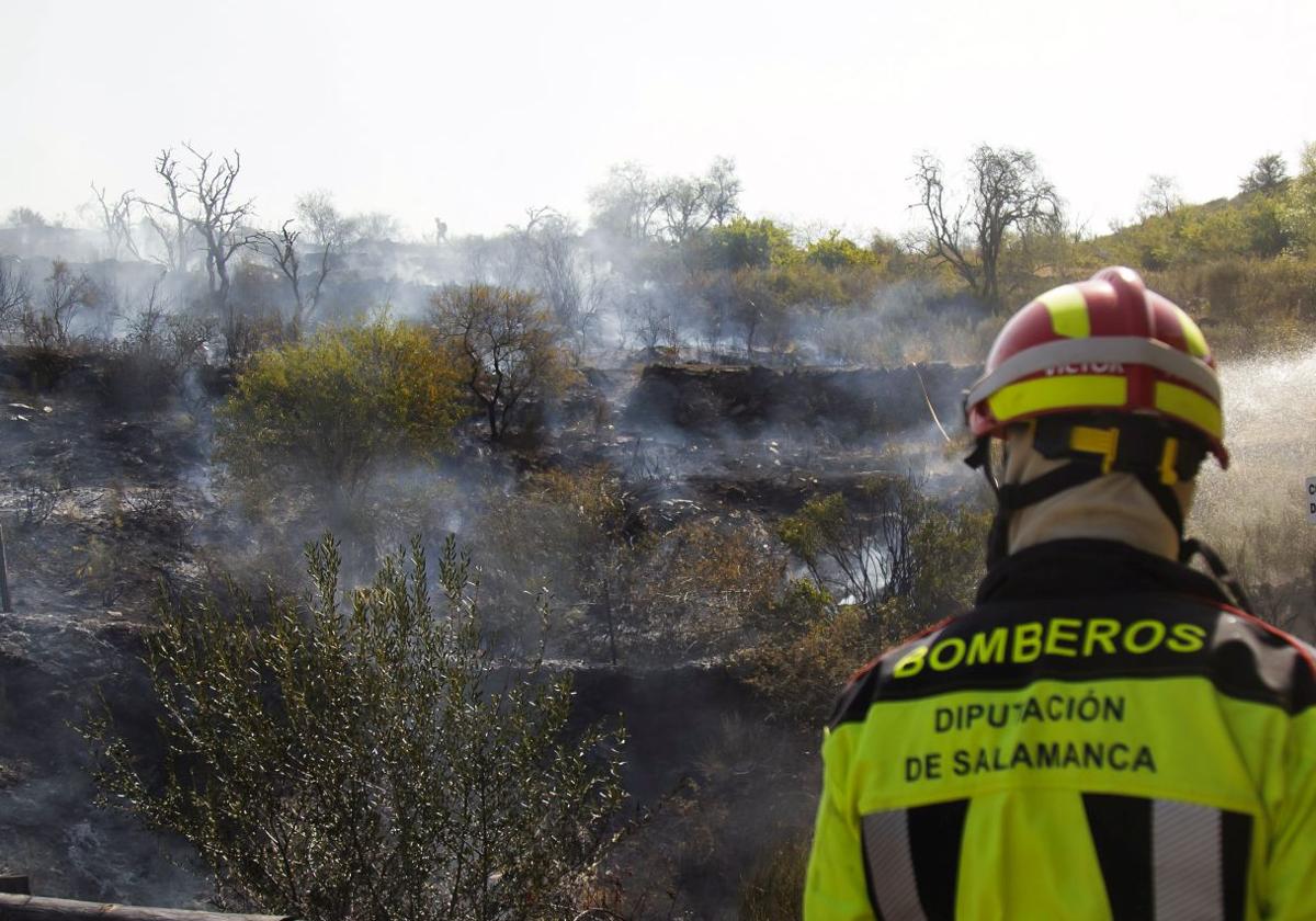 Imagen de archivo de un bombero de la Diputación de Salamanca apagando un fuego.