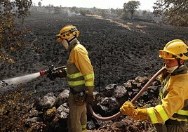 Dos bomberos se afanan en tratar de apagar el incendio de Castillejo Martín Viejo.