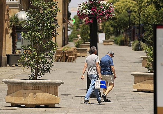 Dos personas pasean por la calle Zamora de Salamanca.
