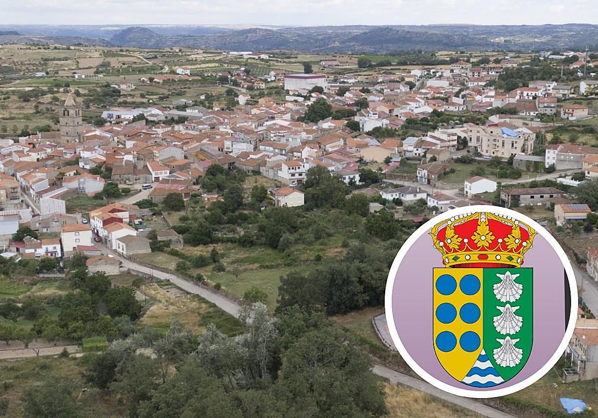 Vista aérea de Aldeadávila de la Ribera y, a la derecha, el escudo municipal.
