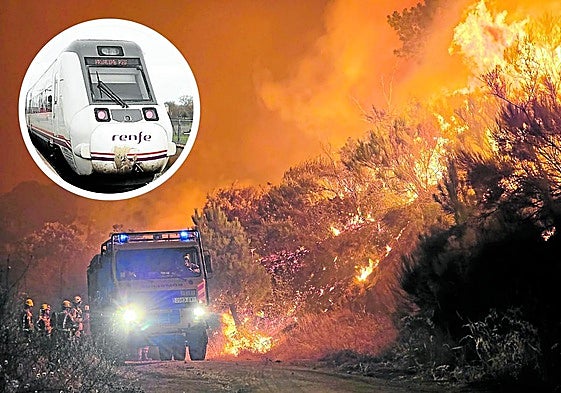 Imagen del incendio en Ávila junto a un tren de Renfe.