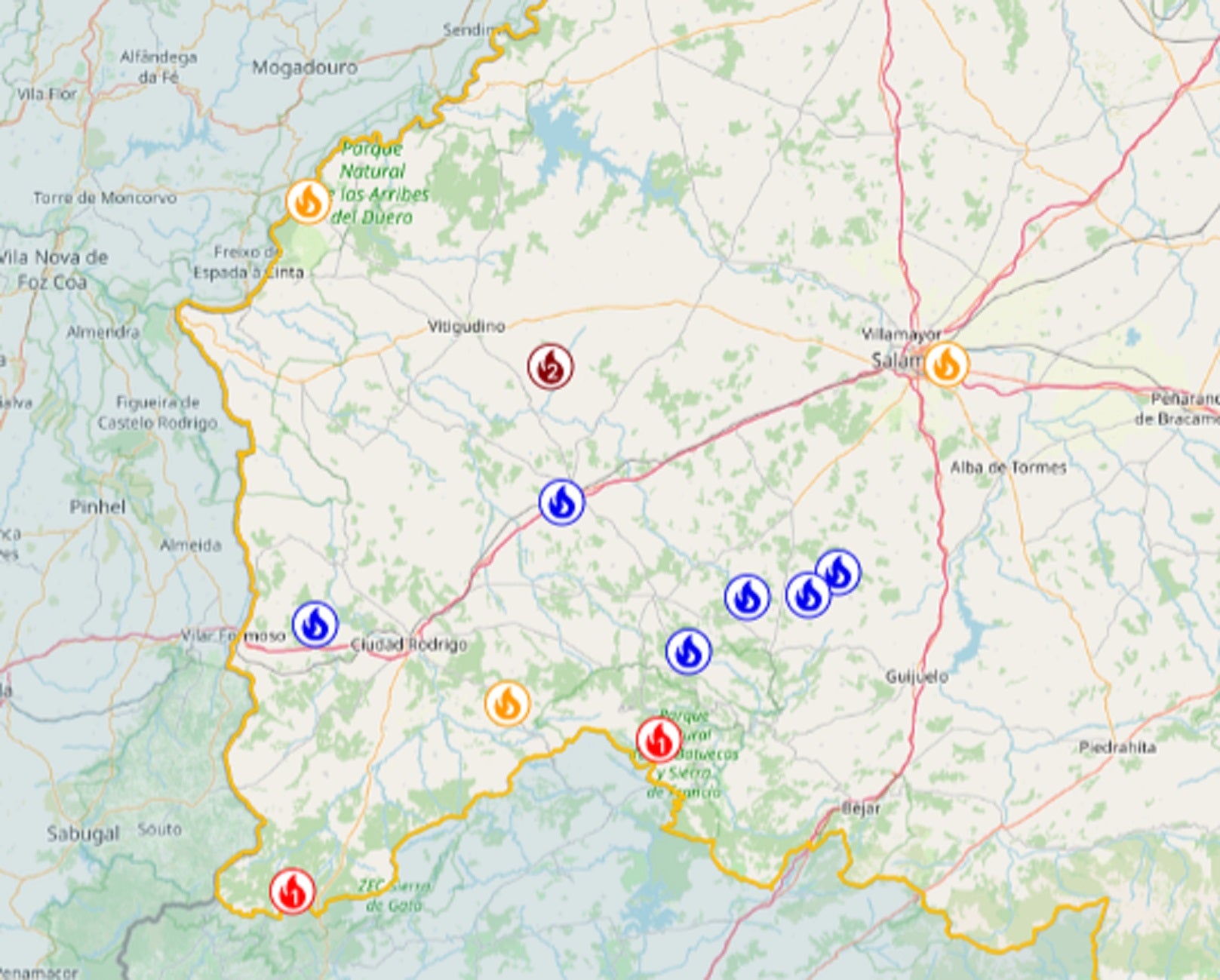 Situación de todos los incendios activos en la tarde del domingo 17 de agosto en Salamanca, con los nuevos ubicados en Mieza y Santa Marta de Tormes.