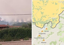 El fuego de Jarilla visto desde Hervás el domingo por la mañana y, a la derecha, la proximidad con la provincia de Salamanca.