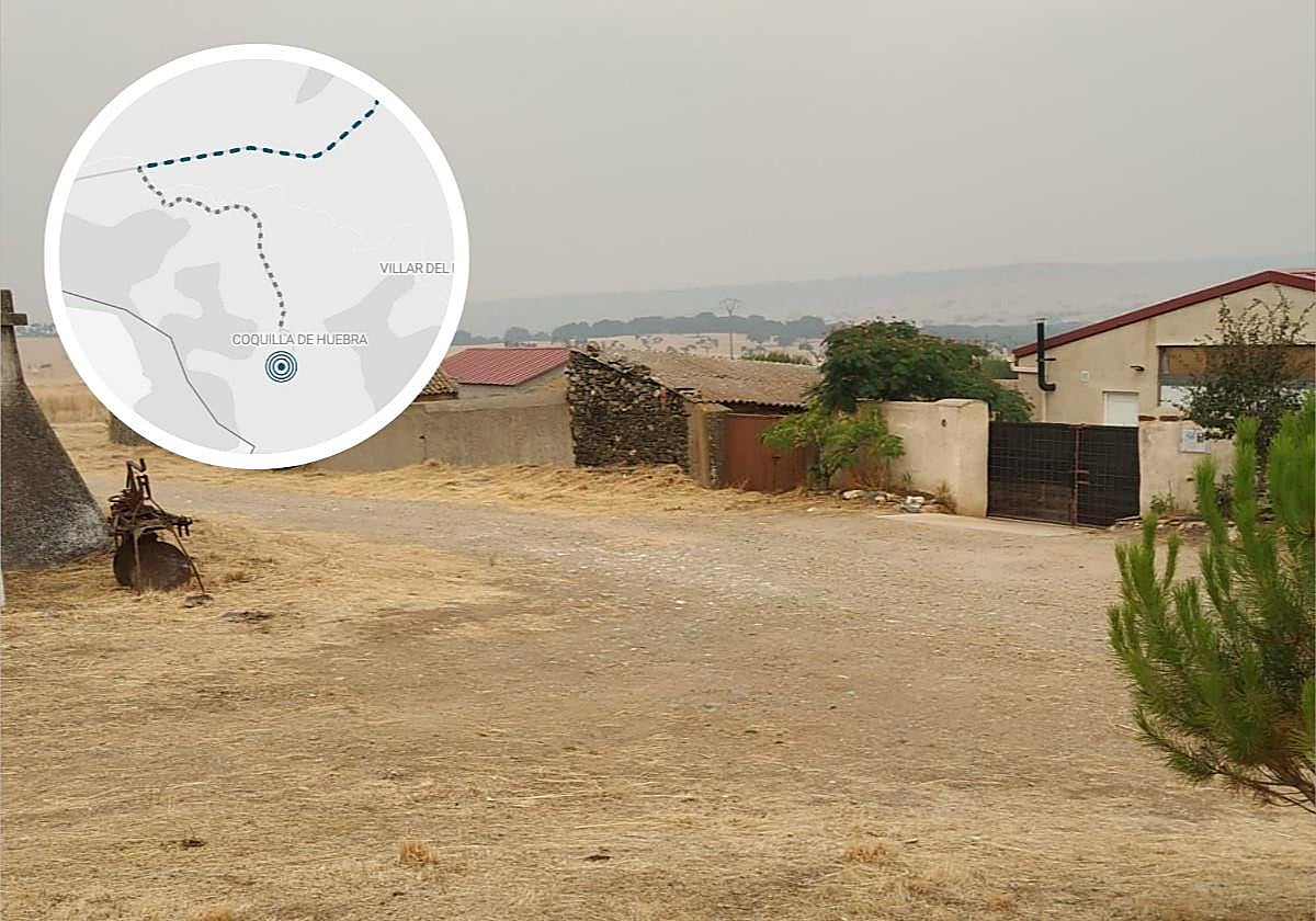 El camino que llega sin asfaltar a Coquilla de Huebra y mapa de localización.