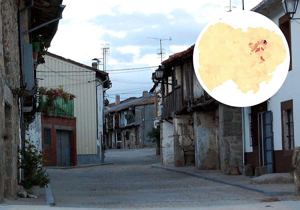Localidad salmantina de Calzada de Béjar desierta en una imagen de archivo y, a arriba a la derecha, mapa de Salamanca con los datos de la pérdida de población.