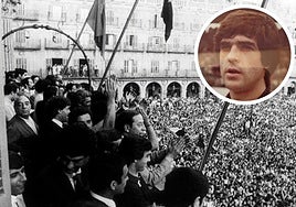 Celebración del segundo ascenso de la historia a Primera de la UD Salamanca en la Plaza Mayor y, a la derecha, Bezares.